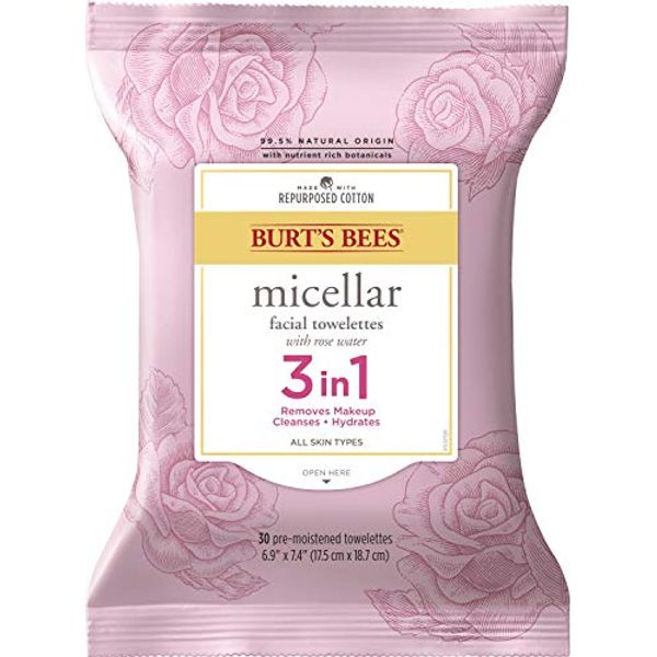 Face Wipes, Burt's Bees Facial Cleansing, Makeup Remover Towelettes with Rose Water, 3 in 1 Hydrating Micellar Cleanser, 30 Count