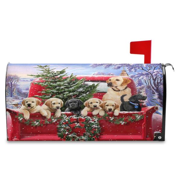 Christmas Red Truck Golden Retriever Dog Magnetic Mailbox Cover Standard 21 X 18 in Winter Snowflake Xmas Tree Snowman Mail Box Covers Decals Wraps Post Box Outdoor Decorations