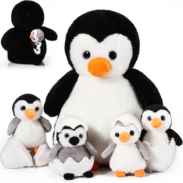 Aoriher 7 Pcs Penguin Stuffed Animal Sets 14 Inch Mommy Penguin and Plush Babies with 2 Eggs Wrapping Soft Cute Penguin Plushie for Kids Halloween Thanksgiving Christmas Exchange Gifts