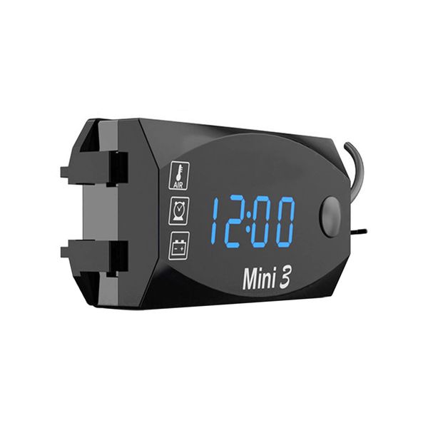 B-MAT02-B Motorcycle Digital Meter Voltmeter Thermometer Clock 3 in 1 Waterproof Dustproof Volt Meter Multifunction Voltmeter 12V Blue