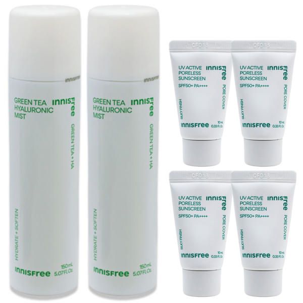 Innisfree Green Tea Hyaluronic Acid Mist 150ml x 2 + (Additional Poreless Sunscreen x 4 x 10ml)