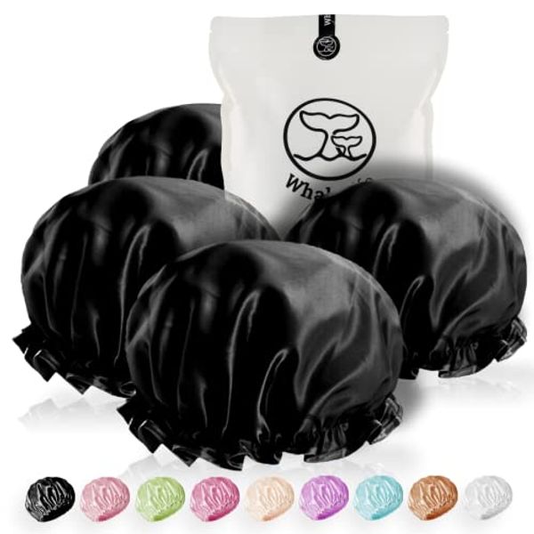 Shower Cap for Men Reusable Extra Large Shower Cap for Women (Black 4 Pack Large) Satin Double Layer EVA Waterproof Long Hair Cap