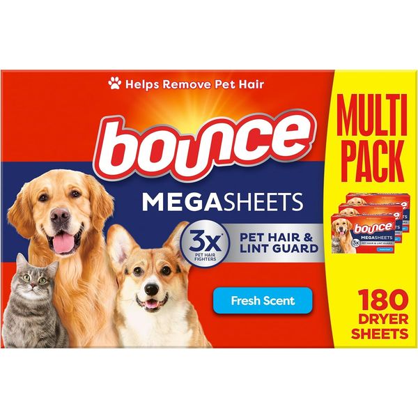 Pet Hair and Lint Guard Mega Dryer Sheets, Pet Hair Remover, Fresh Scent, 180 Co