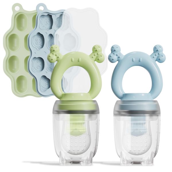 Baby Food Feeder/Fruit Feeder Pacifier Nibbler (2 Pack), Infant Teething Toy Teether and Breastmilk Popsicle Molds, Baby Food Freezer Tray Storage Containers for Infant Self Feeding Toddler & Teething