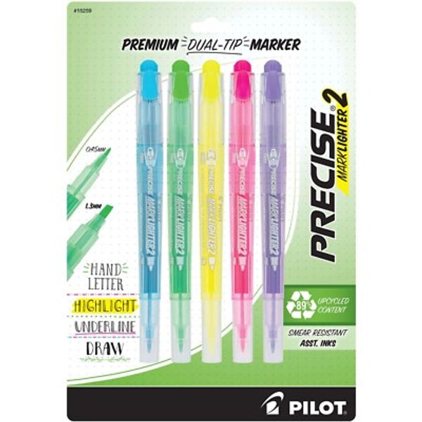 Pilot 15259 Precise Marklighter2 Premium Dual Tip Highlighter, 5 Color Set