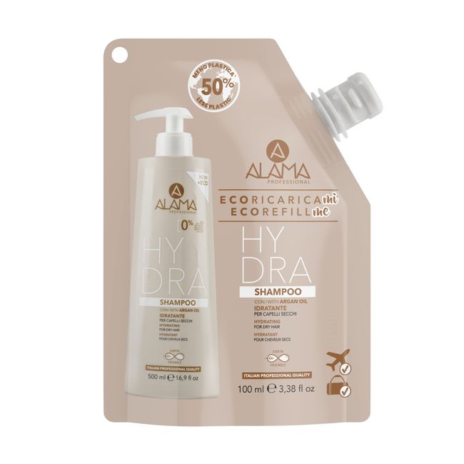 Alama Professional Eco-Refill Hydra Feuchtigkeitsspendendes Shampoo für trockenes, stumpfes, sprödes Haar mit Arganöl, Vitamin E, Fettsäuren, Antioxidans, 95% natürliche Inhaltsstoffe, Vegan, 100ml