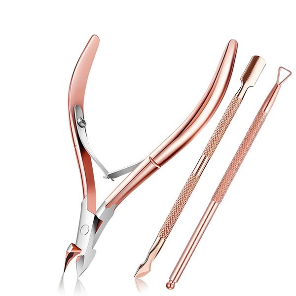 Cuticle Nippers and Cuticle Pusher, Cuticle Cutter Remover with Cuticle Scissors for Dead Skin - Durable Manicure Tools and Cuticle Clippers- Stainless Steel (Pink)