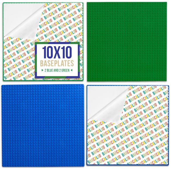 Barcaloo Peel and Stick Self Adhesive Baseplates Mat, Building Block Base Plates Multipack, Panels for Table Top Play - 10 Inch x 10 Inch Adhesive Building Brick Play Wall Panel, 2 Green, 2 Blue