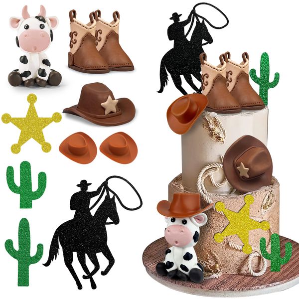 Cowboy Cake Decorations Cowboy Hat and Boot Cake Toppers Cow Cake Topper for Western Cowboy Cowgirl Theme Party Birthday Baby Shower Party Supplies (Cowboy)