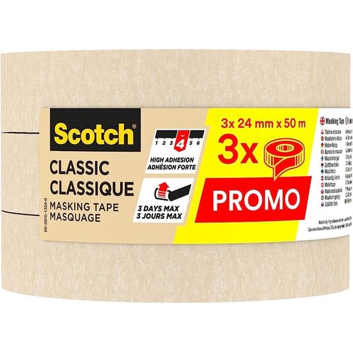 Scotch Masking Tape Classic Premium Beige, Promo Pack of 3 Rolls, 24 mm x 50 m - Adhesion - Painters Masking Tape for Indoor Painting and Decorating