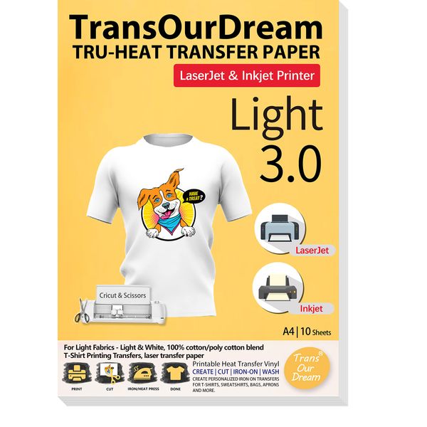 TransOurDream Tru-T Shirt Heat Transfer Paper 10 Sheets A4 Iron On Transfers for Inkjet & Laser Printer Printable HTV Heat Transfer Vinyl for White and Light Fabrics,Easy to Cut(TOD-03-10)