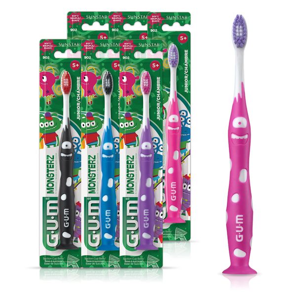 GUM Monsterz Jr Kids’ Toothbrush, Soft Bristled Children’s Toothbrush with Suction Cup, For Ages 5+, 1ct (6pk)