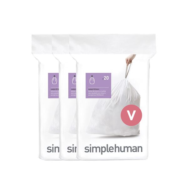 simplehuman Code V Custom Fit Drawstring Trash Bags in Dispenser Packs, 60 Count, 16-18 Liter / 4.2-4.8 Gallon, White