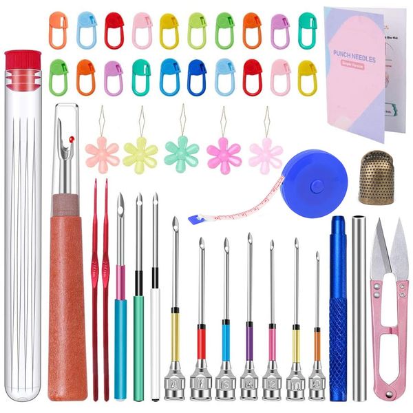 Punch Needle, 43 Pieces Punch Needle Tool and Instructions - Punch Needle Embroidery Kit with Embroidery Tools, Seam Ripper, Threader and Thimble, Needle Punch Kits for Beginners