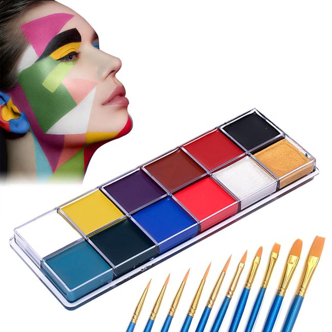 Kinderschminke Set, Schminkpalette Set, 12 Farben Kinderschminke, Bodypainting Farben, Schminkfarben, Face Bodypainting Set, mit 10 Pinsel, für Maskerade Halloween, Karneval, Weihnachten