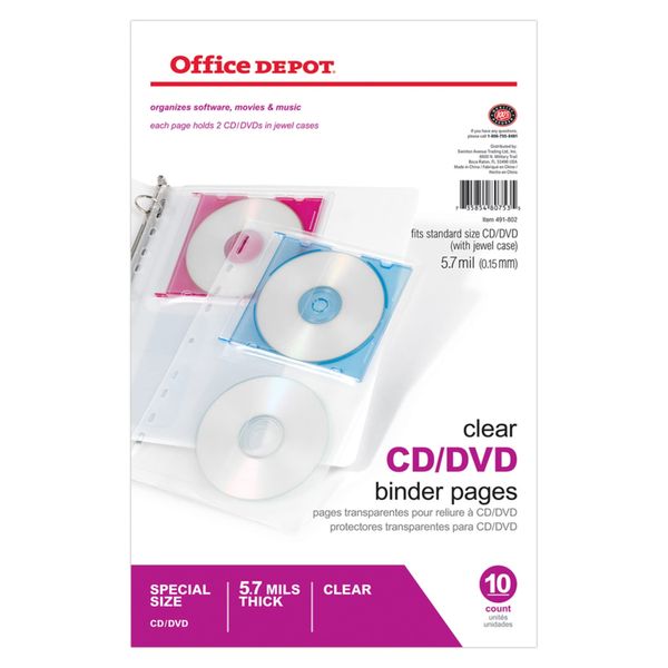 Office Depot CD/DVD Binder Pages, 6in. x 10 1/2in., Clear, Pack of 10, 491802