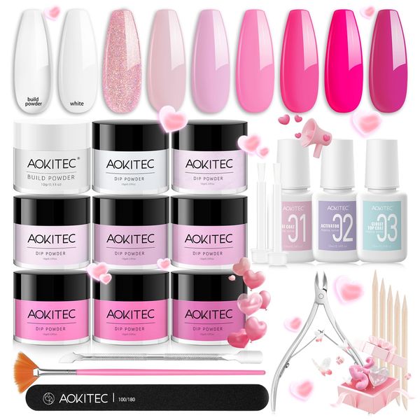 Aokitec 8 Colors Dip Powder Nail Kit - Pink Lady Series Dipping Powder with Dip Powder Liquid Set for Valentine's Day Dip Base Activator Top Coat Build Powder Complete Gift Set for DIY Manicure