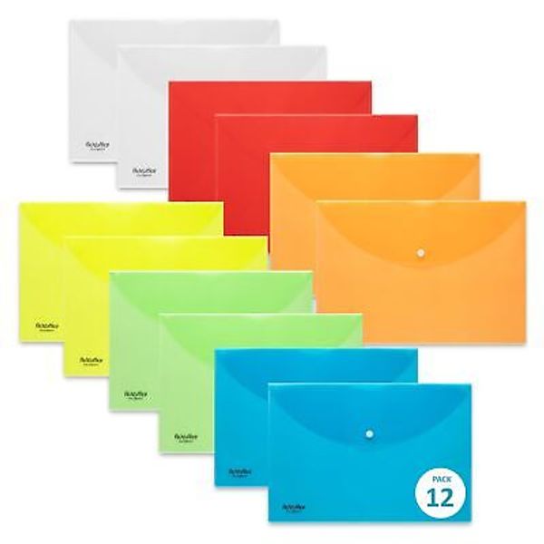 Legal Size Plastic Envelopes with Snap Closure 9"x12" 6 Colors Reusable Docum...