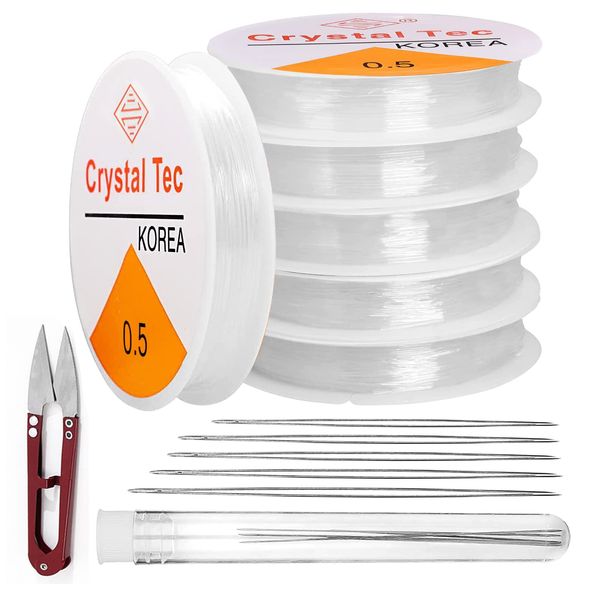 Clear Bracelet Elastic String, 6pcs 0.5mm Crystal Clay Bead Elastic Bracelet Thread String with 5 Beading Needles and Cutter for DIY Jewellery Making