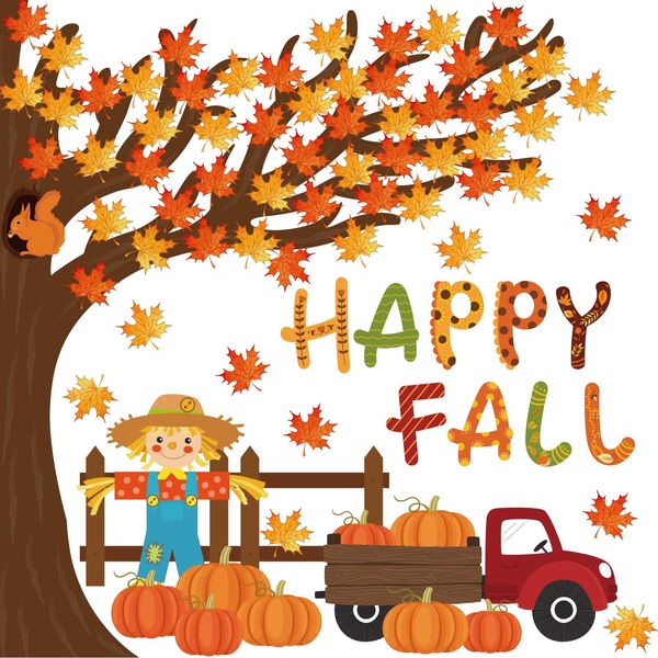 Whaline 100Pcs Happy Fall Tree Cutouts Autumn Maple Leaf Bulletin Board Cut-Outs Fall Scarecrow Pumpkin Classroom Decoration with 200Pcs Glue Points for School Chalkboard Wall DIY Crafts Decor