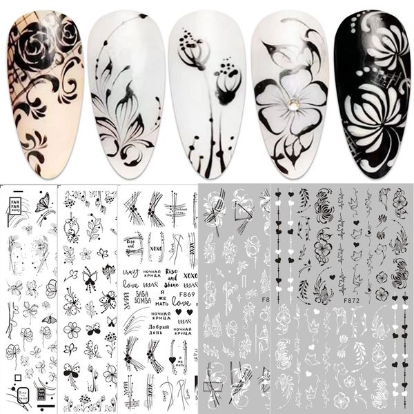 JMEOWIO Nagelsticker Blumen 10 Blatt Nagelaufkleber Selbstklebend Black White Blossom Nail Art Sticker Dekoration Nageldesign Zubehör