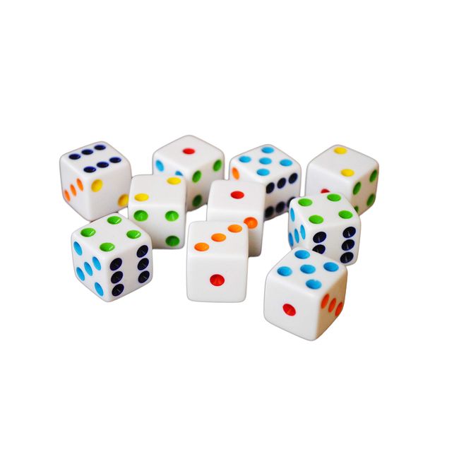 Hobby Monsters 10 D6 16mm White Dice with Multi-Colored Pips