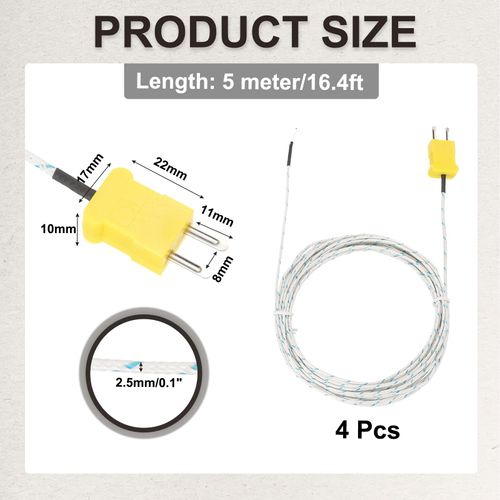 MECCANIXITY 4pcs K Type Thermocouple Probe Mini Connector Temperature Sensor Universal for TM-902C TES1310 Thermometer, -50-400C 16.4ft White