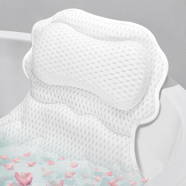 SetSail Bath Pillow, Relaxing Bath Pillows for Tub Neck and Back Support Soft 4D Breathable Air Mesh Ergonomic Bathtub Pillow with 6 Strong Suction Cups and Hook Luxury Bathroom Accessories,White