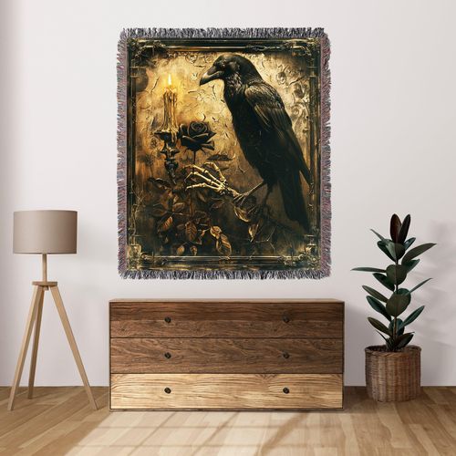 GyftWear Woven Throw Blanket Boho Fall Halloween Décor Gothic Raven 50" x 60" Decorative Wall Tapestry