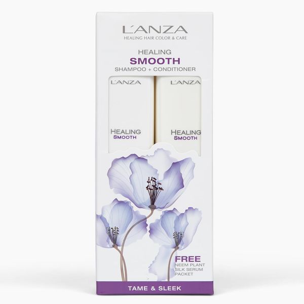 L'ANZA Healing Smooth Hair Care Kit, Glossifying Shampoo, Hair Conditioner & Healing Strength Neem Plant Silk Hair Serum, Paraben Free, Sulfate Free, Gift Box for Smooth Hair (10.1/8.5 FlOz+Sample)