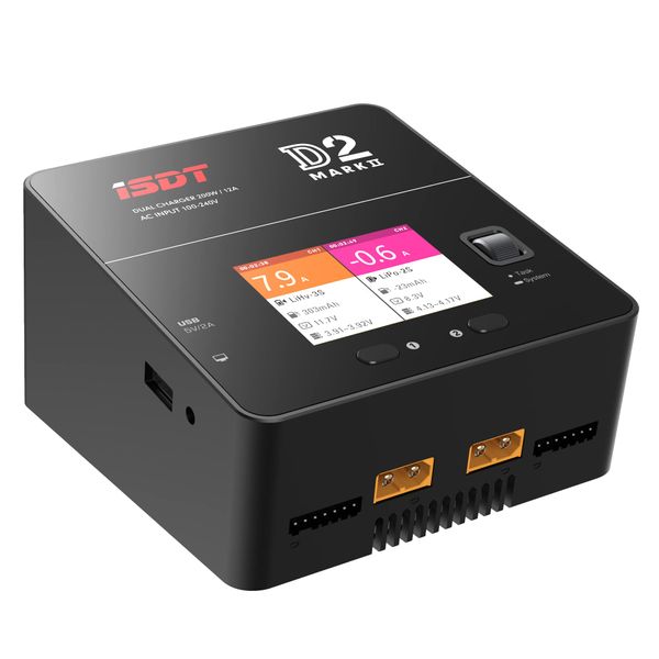 ISDT lipo Battery Charger D2 MK2 with AC 2x200W Dual Output Mode,Hobby Smart Lipo Charger Discharger for 1-6S Li-ion Life NiCd NiMH LiHV PB Smart Battery