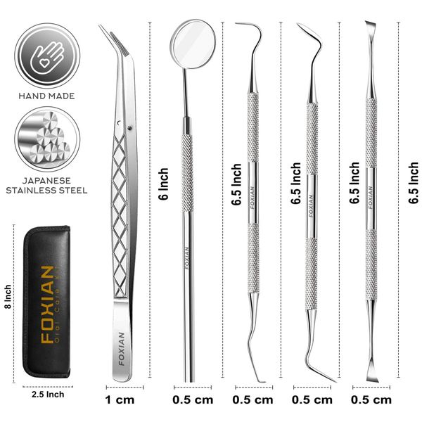 FOXIAN Professional 5 Pcs Oral Plaque Remover for Teeth Stainless Steel Tooth Picks Tartar Cleaner for Teeth Whitening & Oral Care Kit for Men Women Pets in Leather Pouch (5 Pcs)