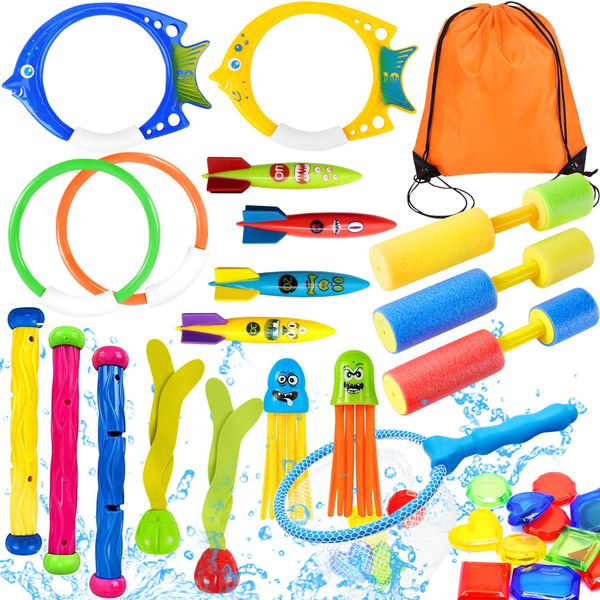 Yetech 28pcs Swimming Pool Toys Diving Toys Set with Diving Rings, Water Pistol, Diving Sticks, Underwater Diving Game Pool Training Toys for kids with Carrying Bag