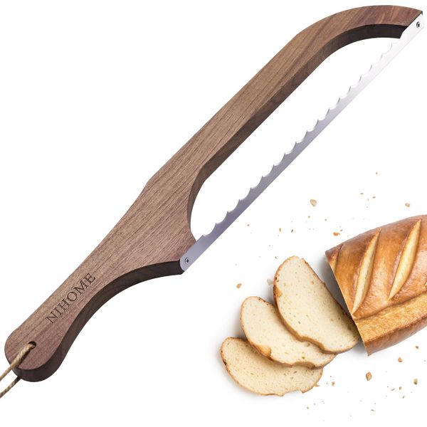NiHome Wooden Bread Bow Knife with Sharp Stainless Steel Blade Adjustable Left or Right Hand Use, Comfortable Handle with Hanging Rope, Serrated Bread Slicer for Smooth Cutting Bread, Bagels, Fruits