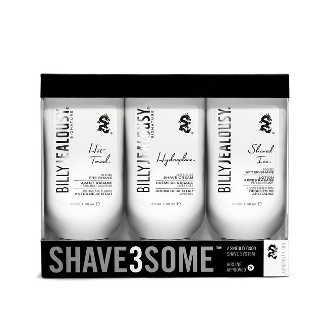 Billy Jealous Shave3some Travel-Size Trio Shaving Kit for Men with Heating Pre-Shave, Super Slick Shave Cream and Cooling After-Shave, Citrus Scent, 3 Fl Oz Each