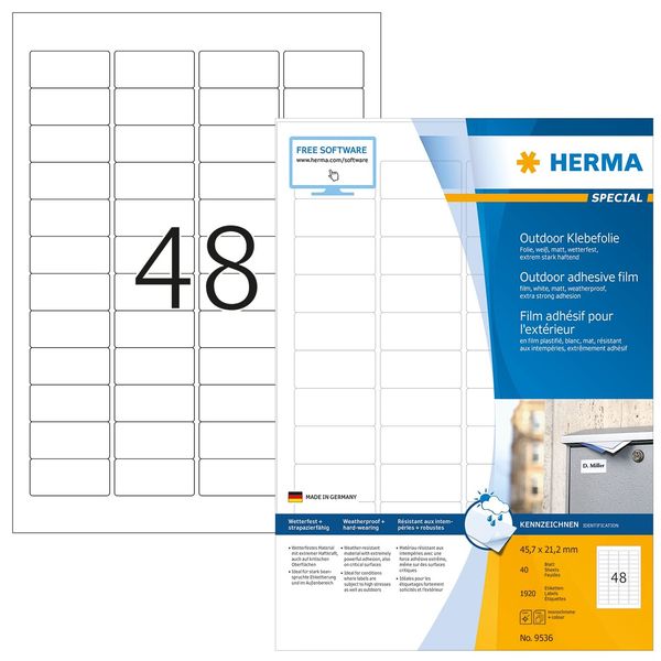 HERMA Self Adhesive Film Labels, 48 Labels per A4 Sheet, 40 Sheets, 45.7 x 21.2 mm, 1920 Labels, Blank Weatherproof Labels Stickers, Sticky Labels for Laser & Inkjet Printer, White