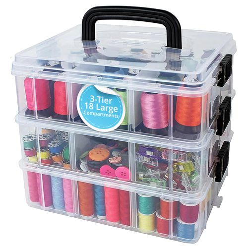 Bins & Things Clear 3-Tier Stackable Storage Containers with Lids - 18 Adjustable Compartments for Bead - Organizing Drawers for Jewelry, Kids Toys, Makeup