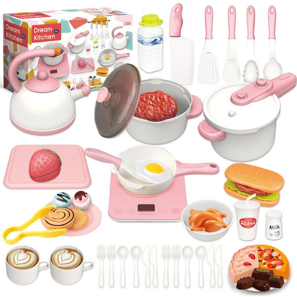 Kidtopus Pretend Play Kitchen Accessories for Kids,Play Cooking Set with Pots and Pans,Induction Cooktop with Sound and Light,Cut Play Food,55Pcs Utensils Cookware Toys for Toddlers Ages 3 4 5 6 7 8