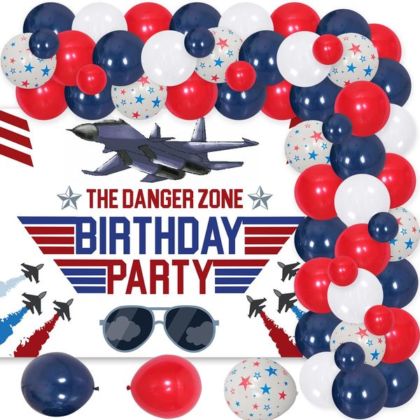 68Pcs Fighter Jet Birthday Decorations for Boys Red Blue Balloons Garland Arch Kit with Aircraft Birthday Party Backdrop Fighter Jet Airplane Theme Party Supplies