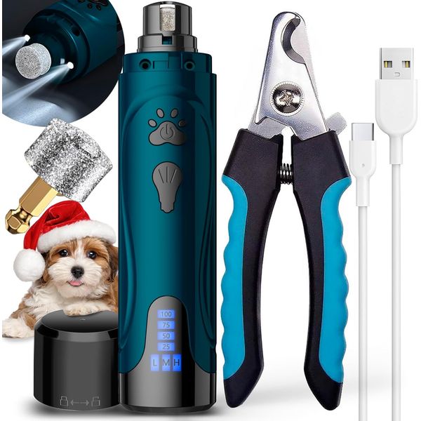 Dog Nail Grinder & Trimmer Kit, Quiet, Rechargeable, 3 Speeds, for Pets