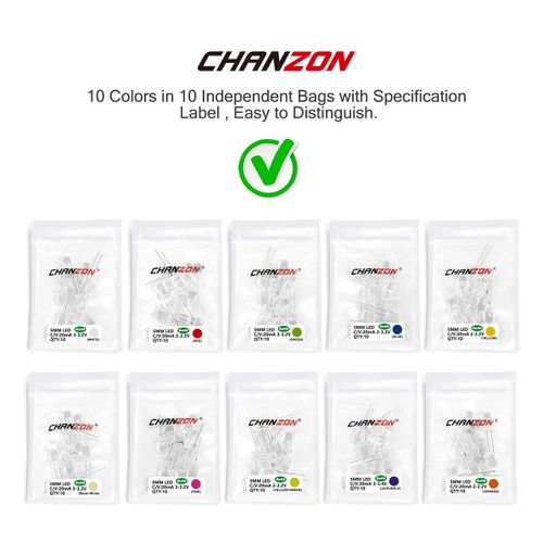CHANZON 100pcs 5mm LED Diode Lights Assortment 10 Colors x 10pcs Diodes (Clear Transparent Lens) Emitting Lighting Bulb Lamp Assorted Kit Variety Color White Red Yellow Green Blue Orange UV Pink