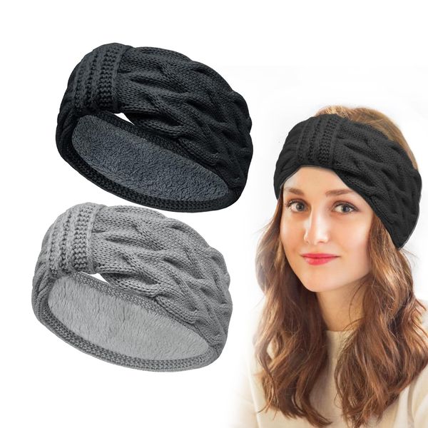 UQTUKO Stirnband Damen Winter, 2Pcs Stirnbänder Damen Winter Gestrickte Verdicken Haarreifen Mädchen Frauen Headwrap Kopfband Elastische fleece Haarband für Sport, Einkaufen, Laufen, Schwarz+Grau