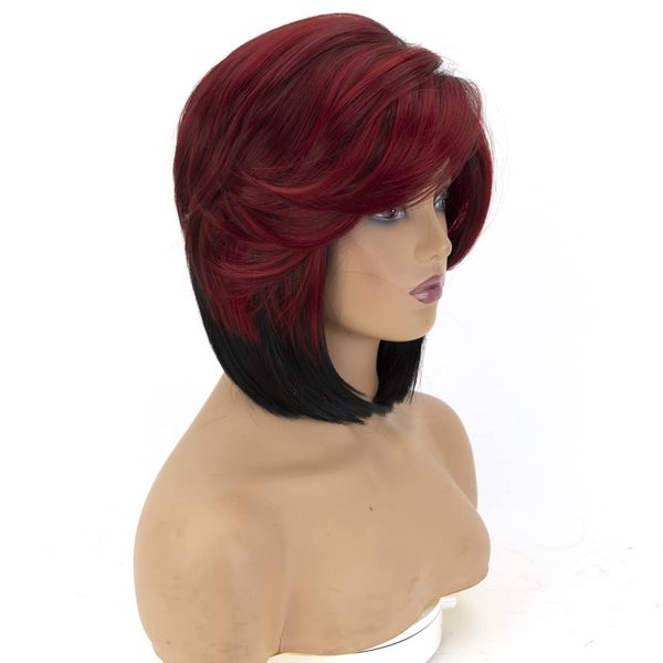 Fencca Short Pixie Cut Bob Wigs for Black Women Ombre Burgundy Red Wig with Bangs Side Part Layered Synthetic Burgundy Wig Natural Looking for Daily Party Use (red wine)