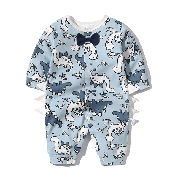 Baby Boy Dinosaur Pattern Bow Tie Patched Design Snap Button Romper Jumpsuit - 66 (3-6M) / Blue