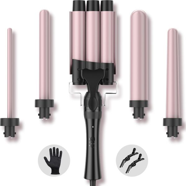 Hair Waver Curling Wand Iron Tong, Chopstick, 5 in 1 Hair Curler for Long Hair 10mm-32mm with 2 Crocodile Clips 1 Anti-Scald Silicone Gloves, PTC Ceramic Triple Barrels LCD 180°C & 210°C