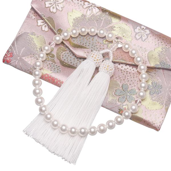 Tsuyun Prayer Beads, Women's, Genuine Crystal, Starry Bodhi Tree, Funeral, Vigorous Stays, Abbreviation, Comes with a Bead Bag, Can be Used in All Sect (Shell Pearl/White)