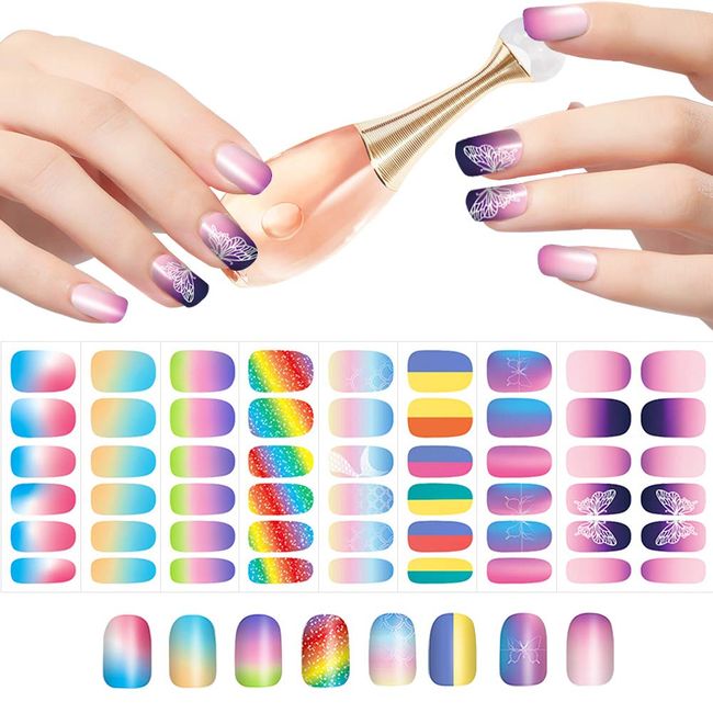 Nail Stickers, Iridescent Color, 3D Stick On Manicure Set, 8 Pieces, Ultra Thin, Adult Nail Stickers, Cute Nail Design, Butterfly, Mermaid, Floral Pattern, For Work, Casual Nail Decoration, For Beginners