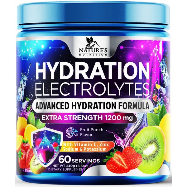 Daily Electrolyte Drink Mix - Best Multivitamin Hydration Supplement, 6 Electrolytes & Minerals, Post Workout & Recovery Electrolyte Powder, Refreshing Fruit Punch Flavor, Vegan Non-GMO - 60 Servings