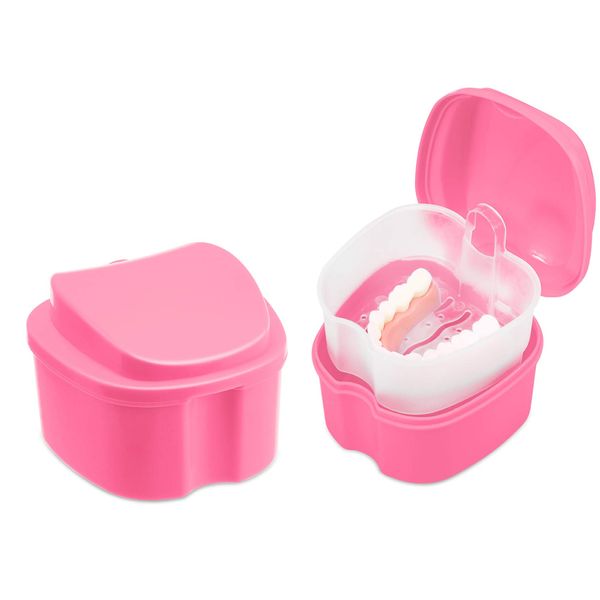 Denture Bath Case, Cleaning Teeth Trays, Partial Denture Storage Box (Pink)