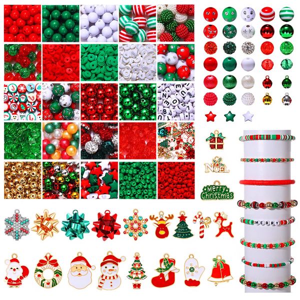 2400PCS+ Christmas Beads for Jewelry Making, Enamel Christmas Charms Bulk, Red Green Christmas Clay Rhinestone Crystal Acrylic Loose Beads Letter Spacer Beads for Bracelet Necklace Making DIY Crafts